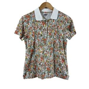 Lands'End Women's Polo White Multi Floral Side Vent 100% Cotton Collared Size S